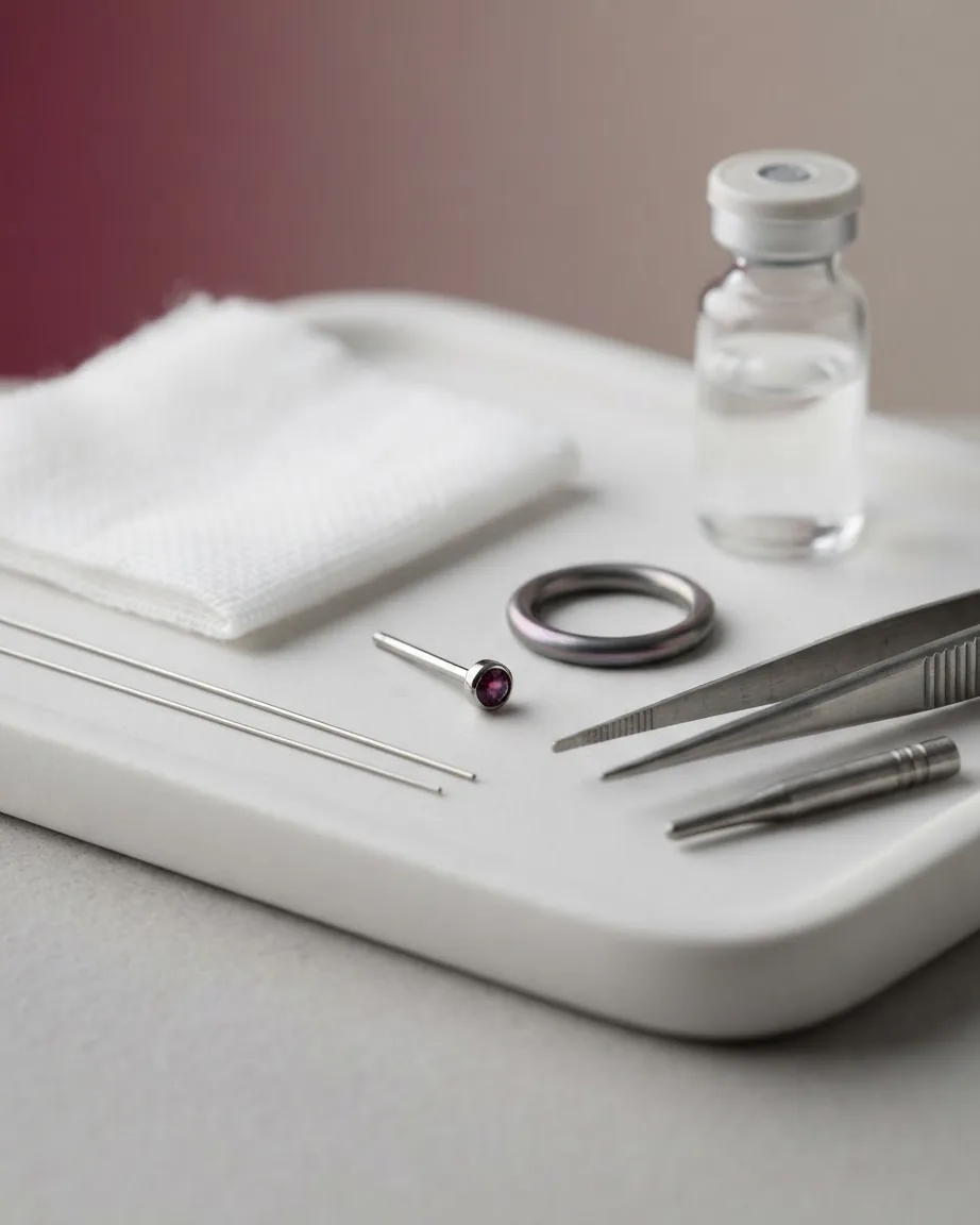 A purple gemstone nose stud, metal ring, fine needles, tweezers, gauze, and a glass vial on a white tray.