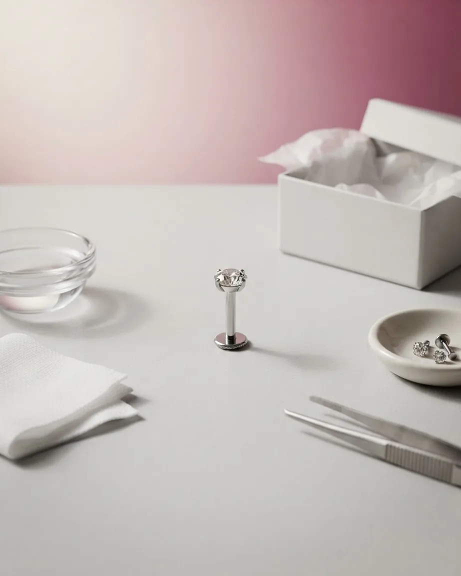 A silver flat-back gemstone stud stands on a white surface beside a glass bowl, tweezers, and other earrings.