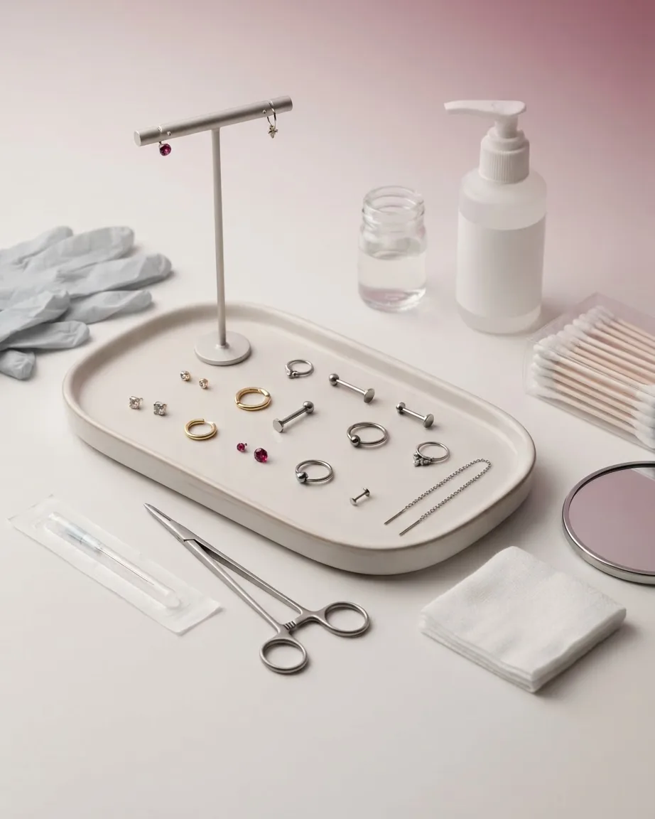 Assorted ear piercing jewelry arranged on a white tray beside cleaning supplies, gloves, and piercing tools.