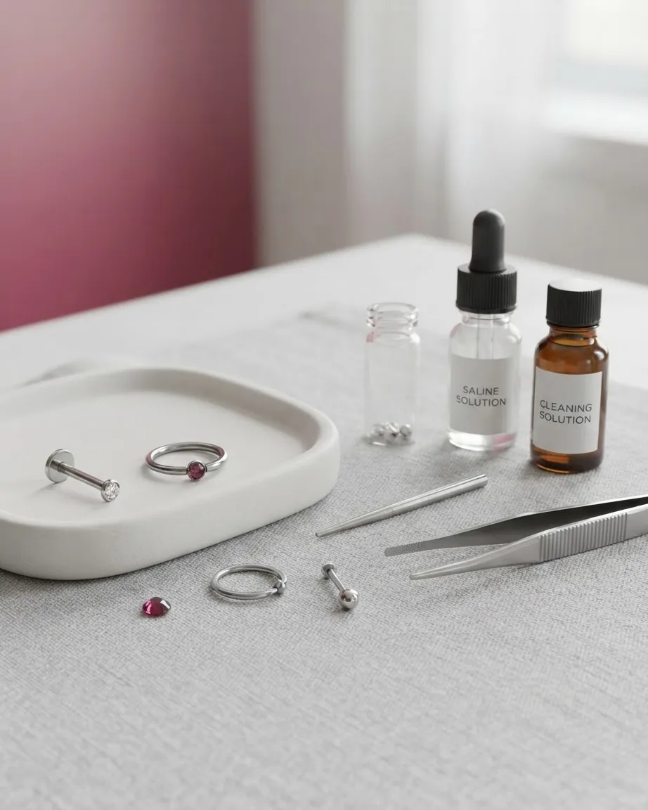 Silver piercing studs and hoops with pink gemstones lie beside tweezers, a tray, and piercing care solutions.