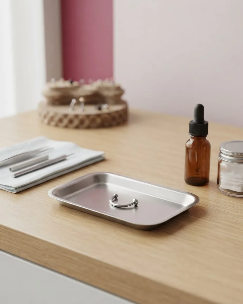 A curved silver piercing jewelry piece rests on a metal tray beside an amber bottle and cotton pads.
