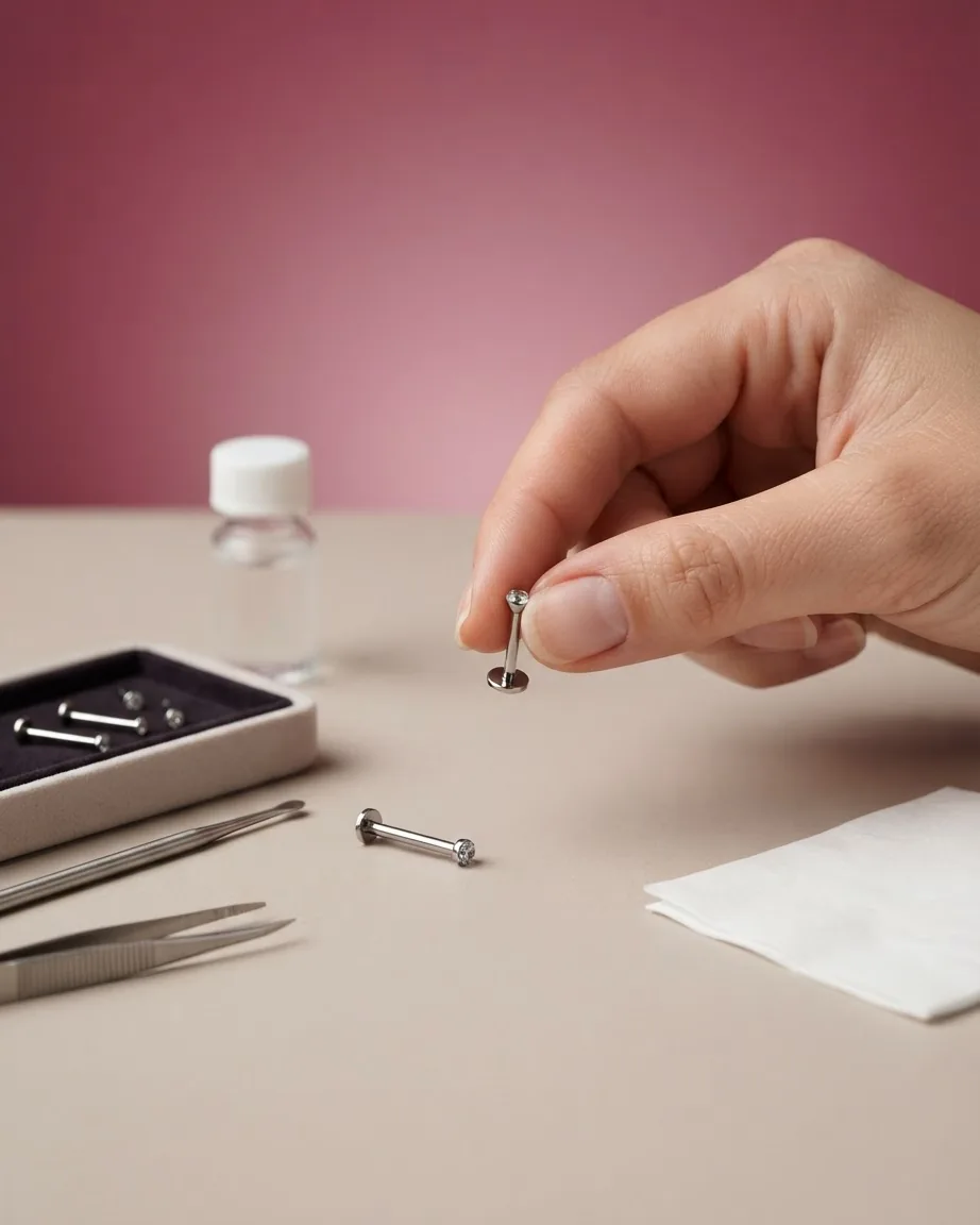 A hand holds a small silver flat-back piercing stud above a table with another stud, tweezers, and a jewelry tray.