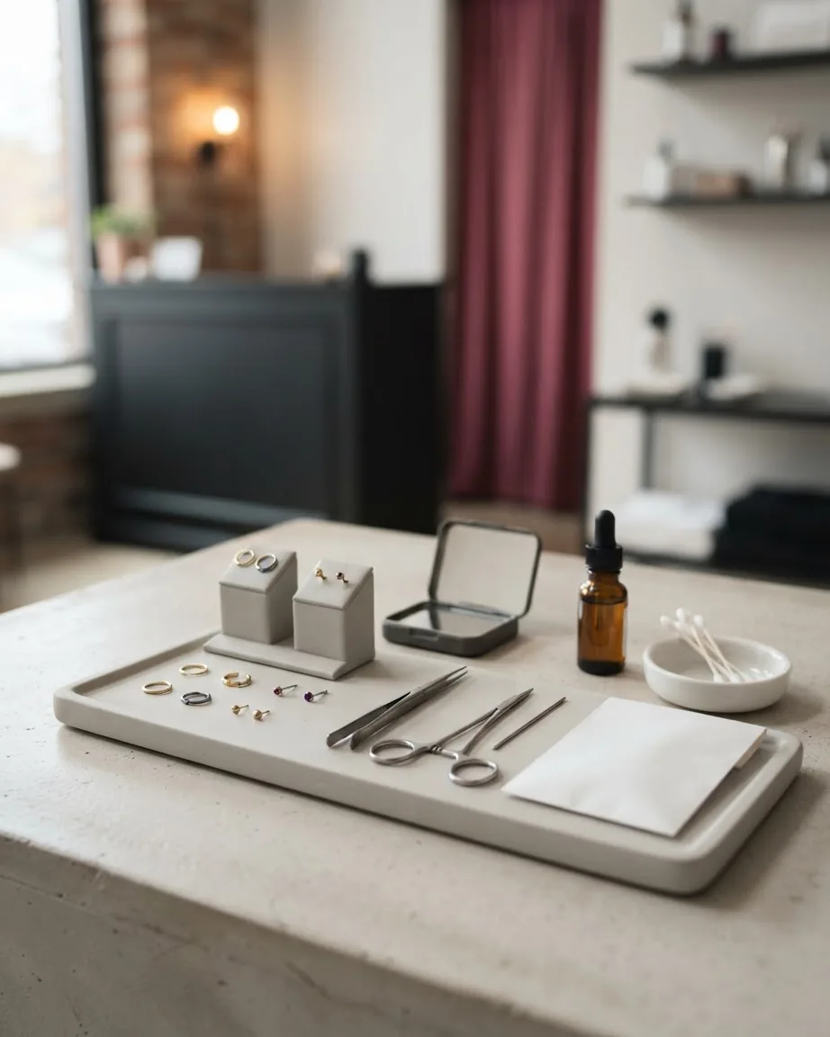 Small gold and silver nose jewelry pieces arranged on a tray with piercing tools, a dropper bottle, and cotton swabs.