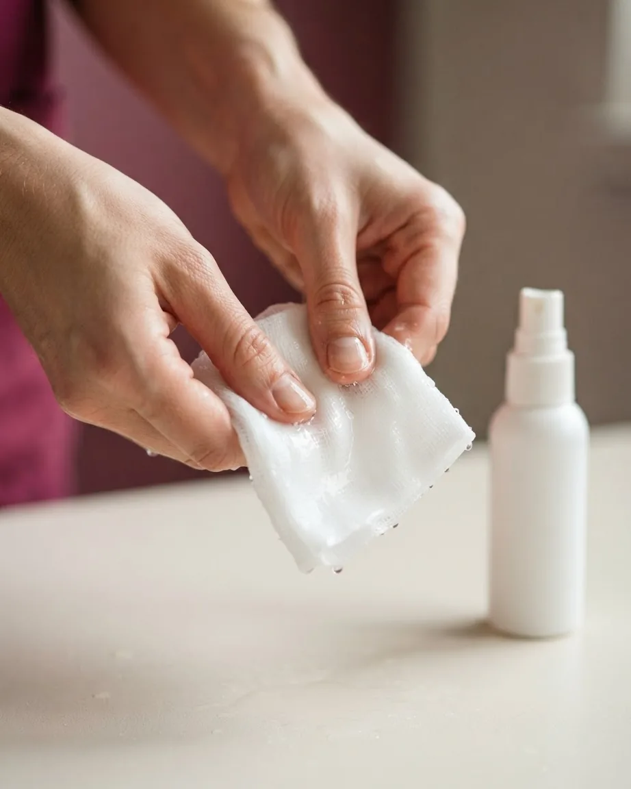 Two hands squeeze wet white gauze beside an unlabelled spray bottle.