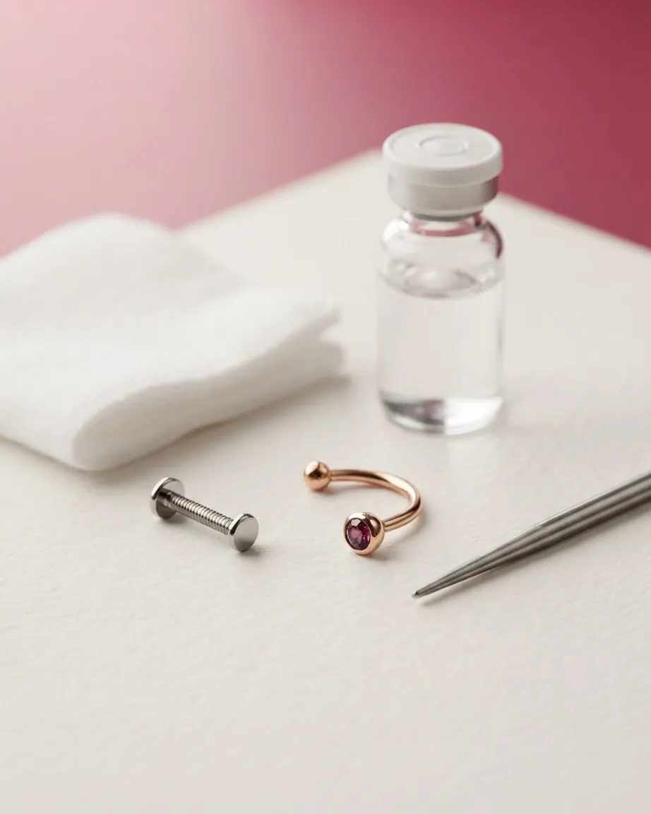 Rose-gold curved piercing jewelry and a silver barbell rest beside tweezers, gauze, and a clear vial on a white surface.