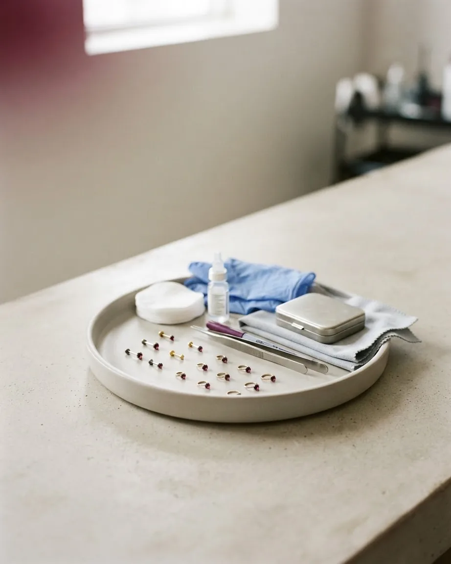 Nose piercing jewelry, tweezers, gloves, cotton pads, and aftercare supplies arranged on a round tray in a studio.
