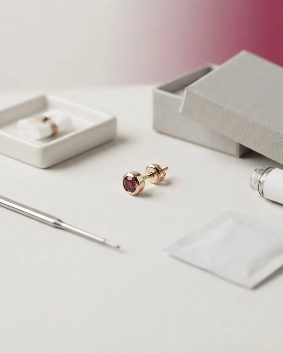 A gold stud earring with a deep red gemstone rests on a white surface among jewelry tools and packaging.
