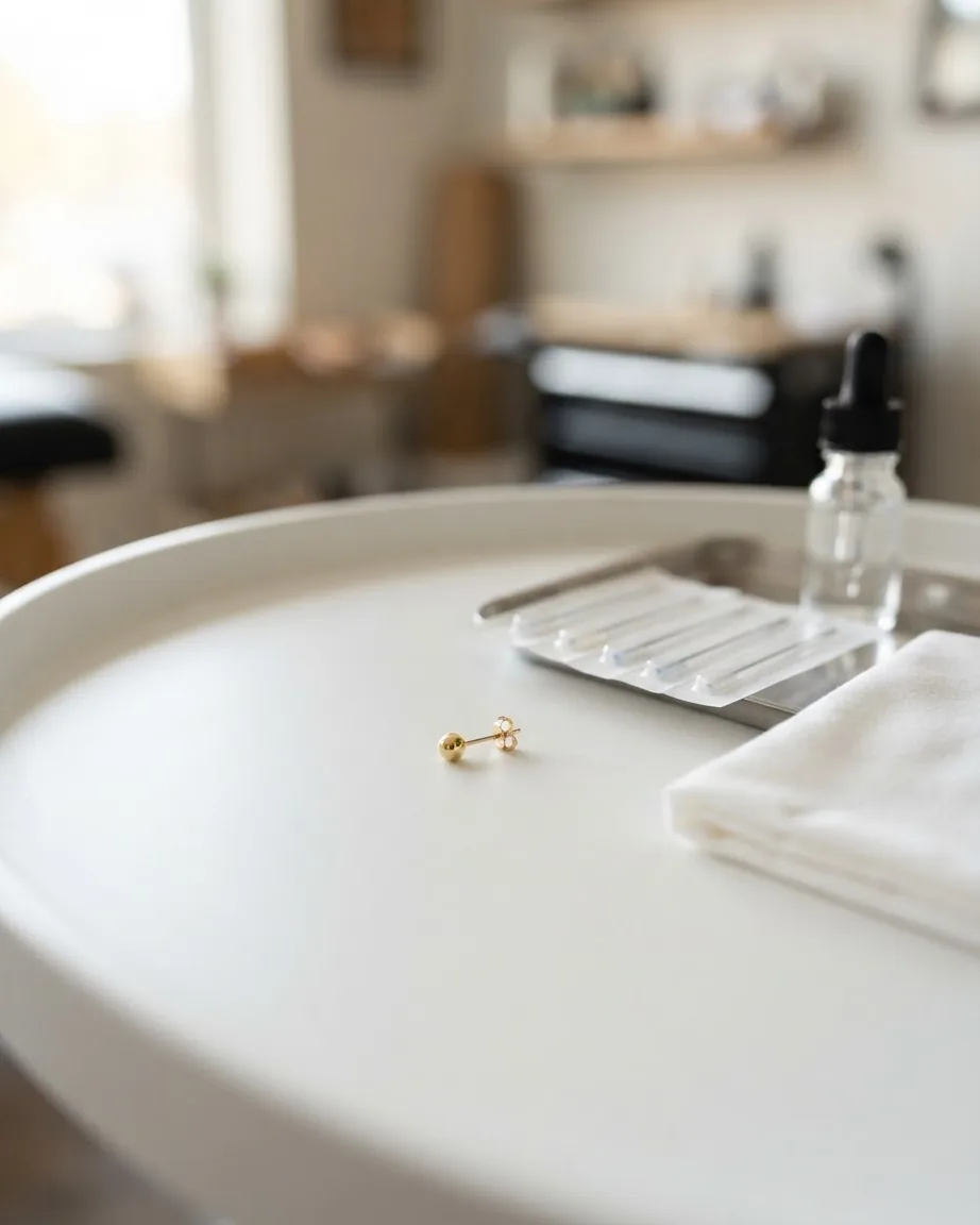 A single gold stud earring rests on a white tray beside piercing tools, a dropper bottle, and a folded cloth.