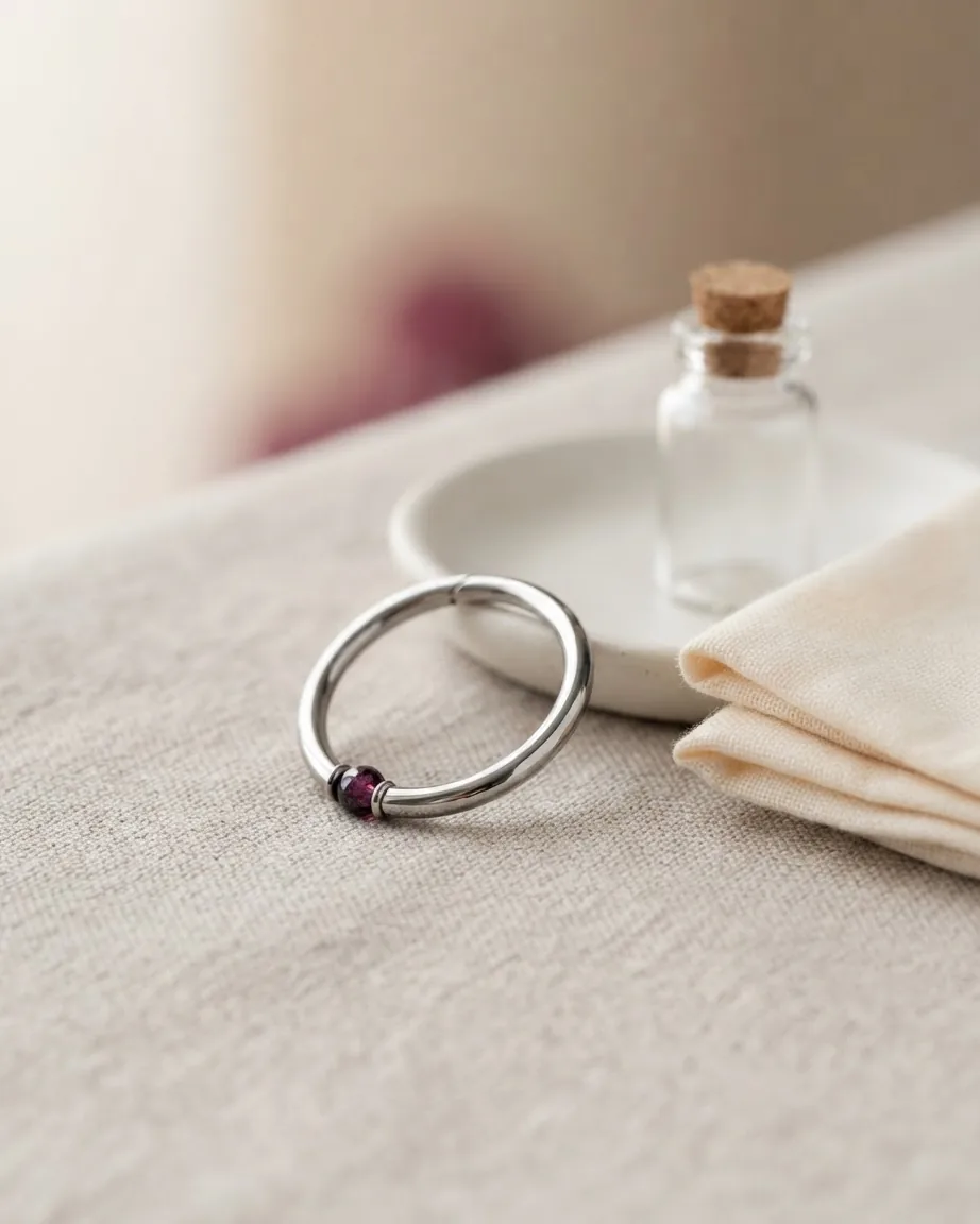A silver hoop with a small purple bead rests on beige fabric beside a white tray, glass bottle, and folded cloth.