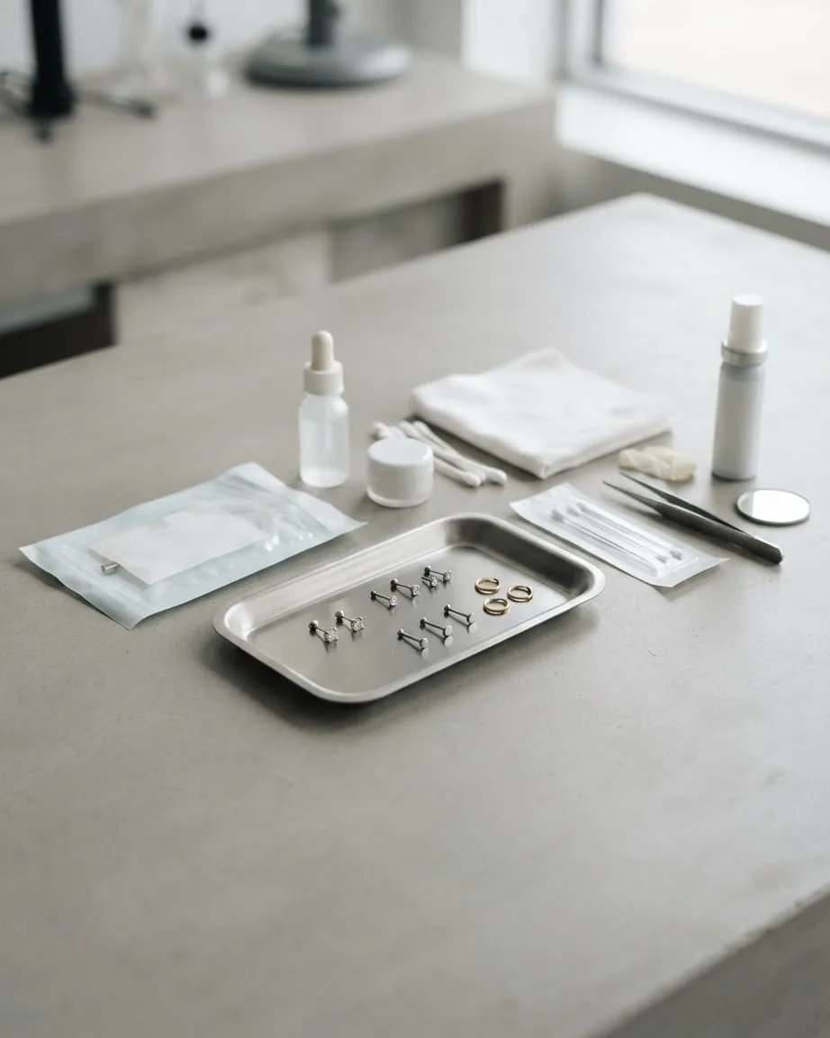Small piercing studs and gold hoops arranged on a metal tray beside sterile supplies and aftercare bottles.