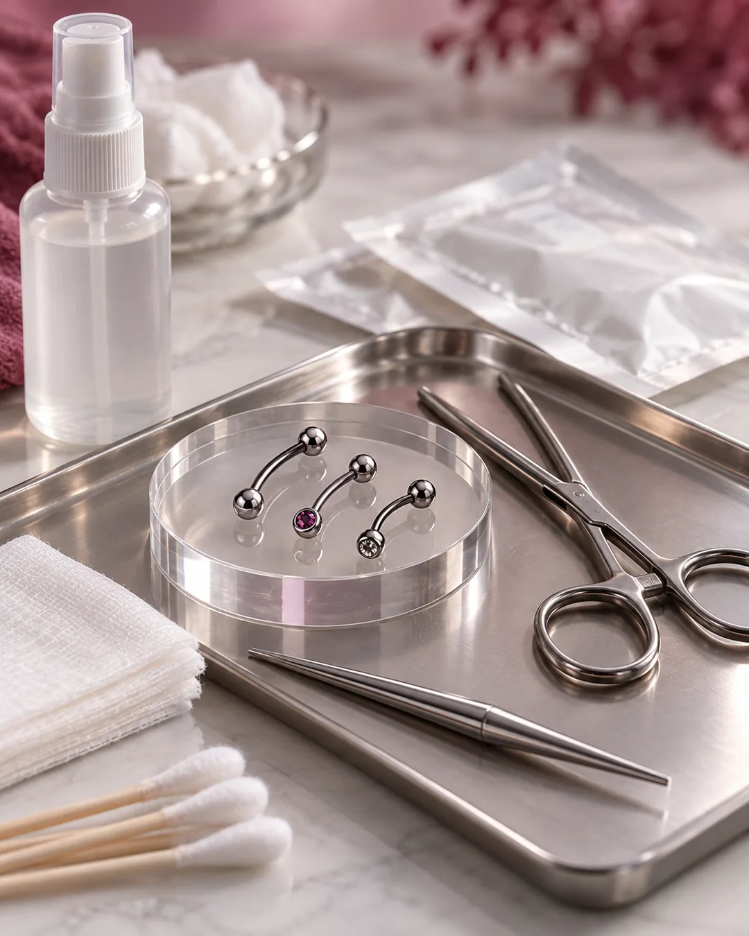 Three curved silver barbells rest in a clear dish beside piercing tools, gauze, cotton swabs, and a spray bottle.