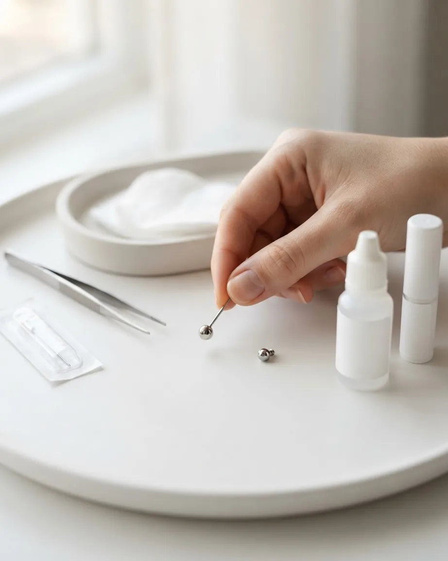 A hand holds a silver stud earring by its post above a white tray with jewelry tools and care bottles.