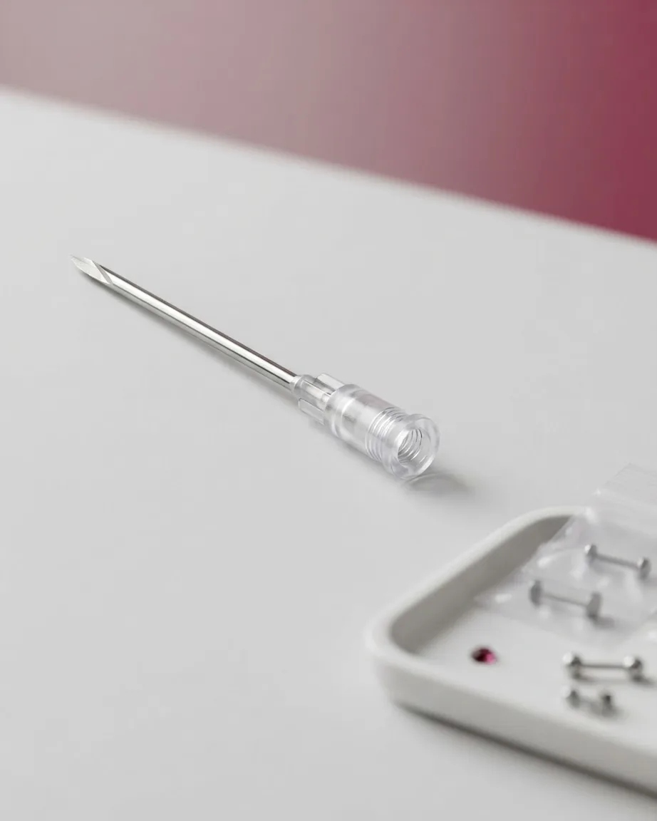 A long stainless steel piercing needle with a clear plastic hub rests on a white surface beside a jewelry tray.