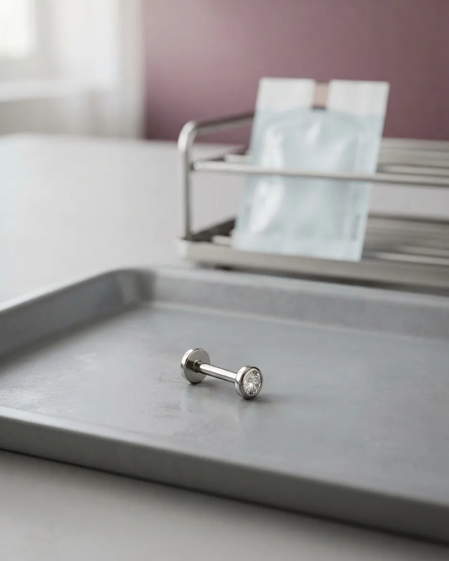 A silver stud rests on a metal tray beside blurred sterile equipment and sealed pouches.