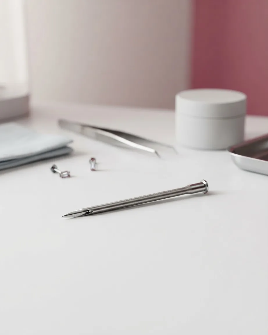A metal piercing needle lies diagonally on a white surface with small jewelry pieces and tools in the background.