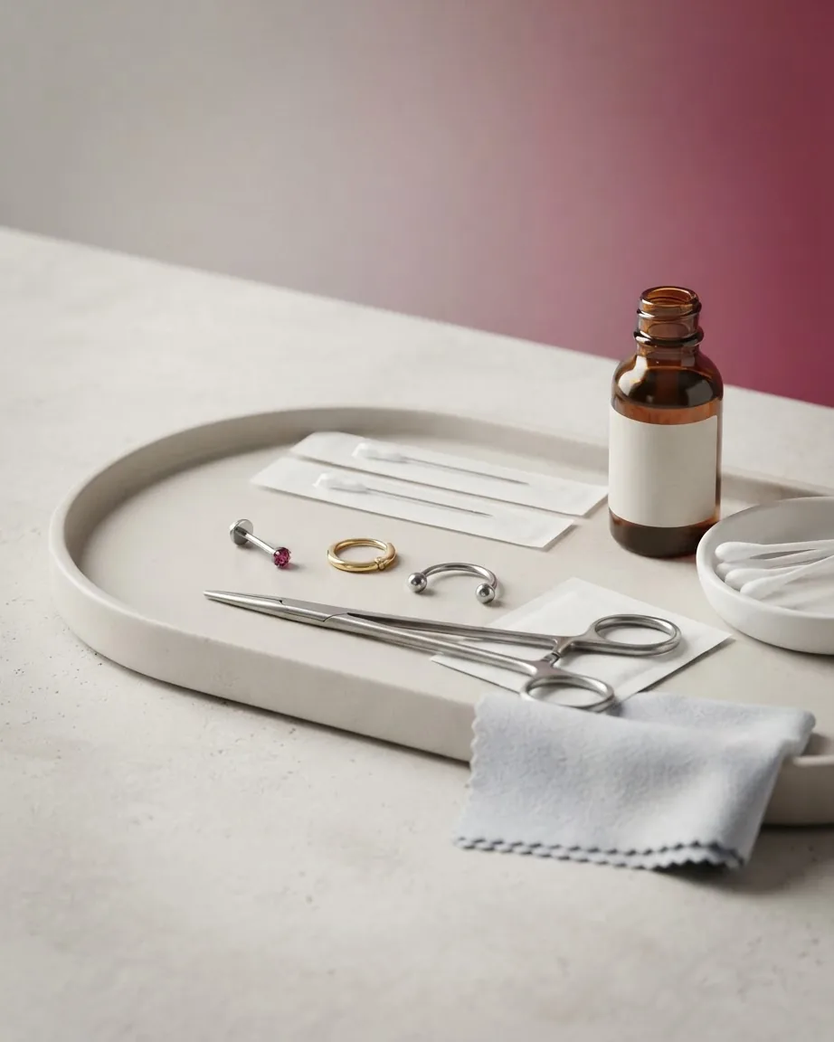 Piercing jewelry, metal forceps, sterile packets, cotton swabs and an amber bottle arranged on a white tray.