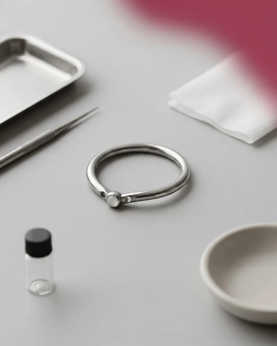 A silver circular piercing ring lies on a gray surface beside metal tweezers, a tray, gauze, and a small vial.