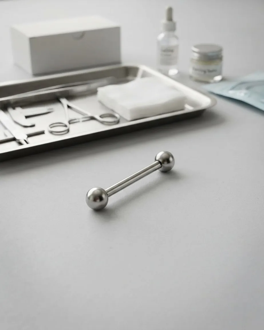 A straight silver barbell with ball ends rests on a gray surface beside a tray of piercing tools and gauze.
