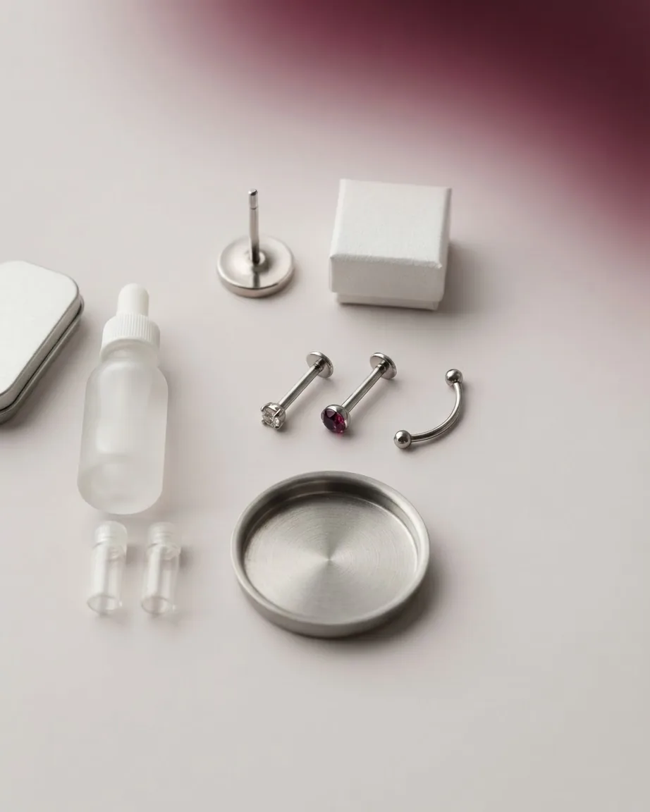 Silver piercing jewelry with gemstone ends arranged beside a dropper bottle, small vials, and a metal dish.