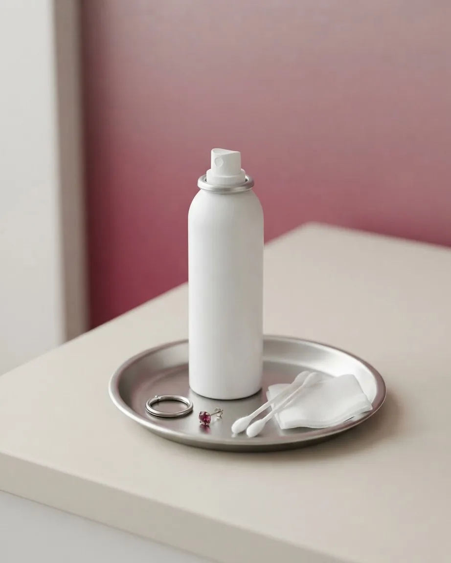 A plain white spray canister stands on a metal tray beside cotton swabs, folded gauze, and small jewelry.