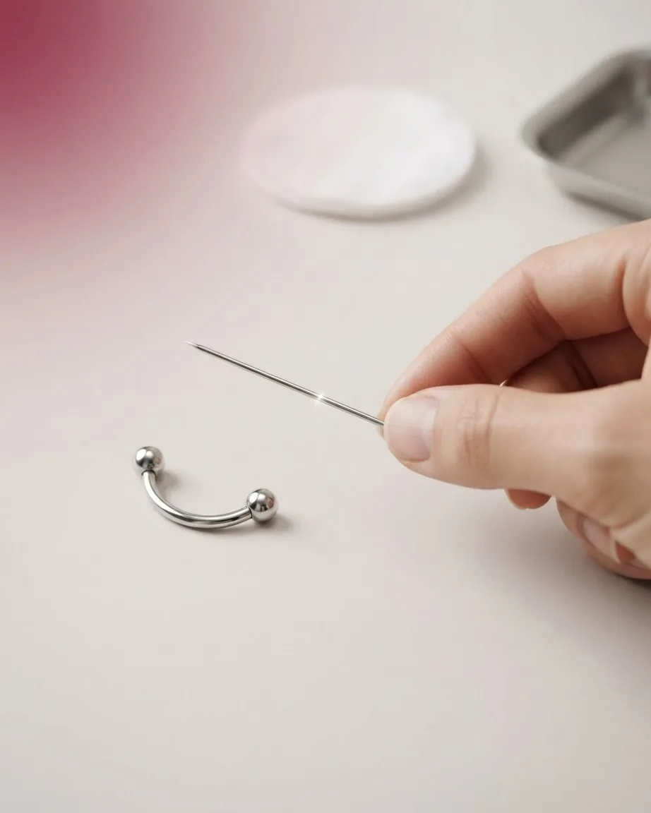 A hand holds a thin metal needle horizontally beside a curved silver barbell with ball ends on a white surface.