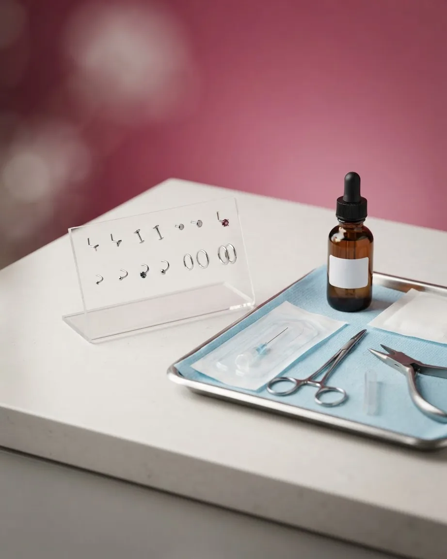 Nose rings and studs on a clear display beside piercing tools, a sterile needle, and an amber dropper bottle.