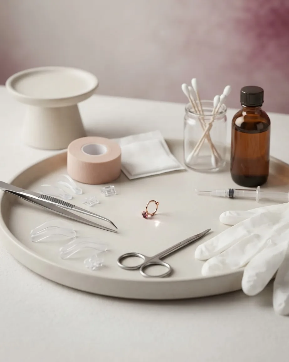 A tray holds medical tape, cotton swabs, forceps, scissors, gloves, a syringe, and a small gold hoop.
