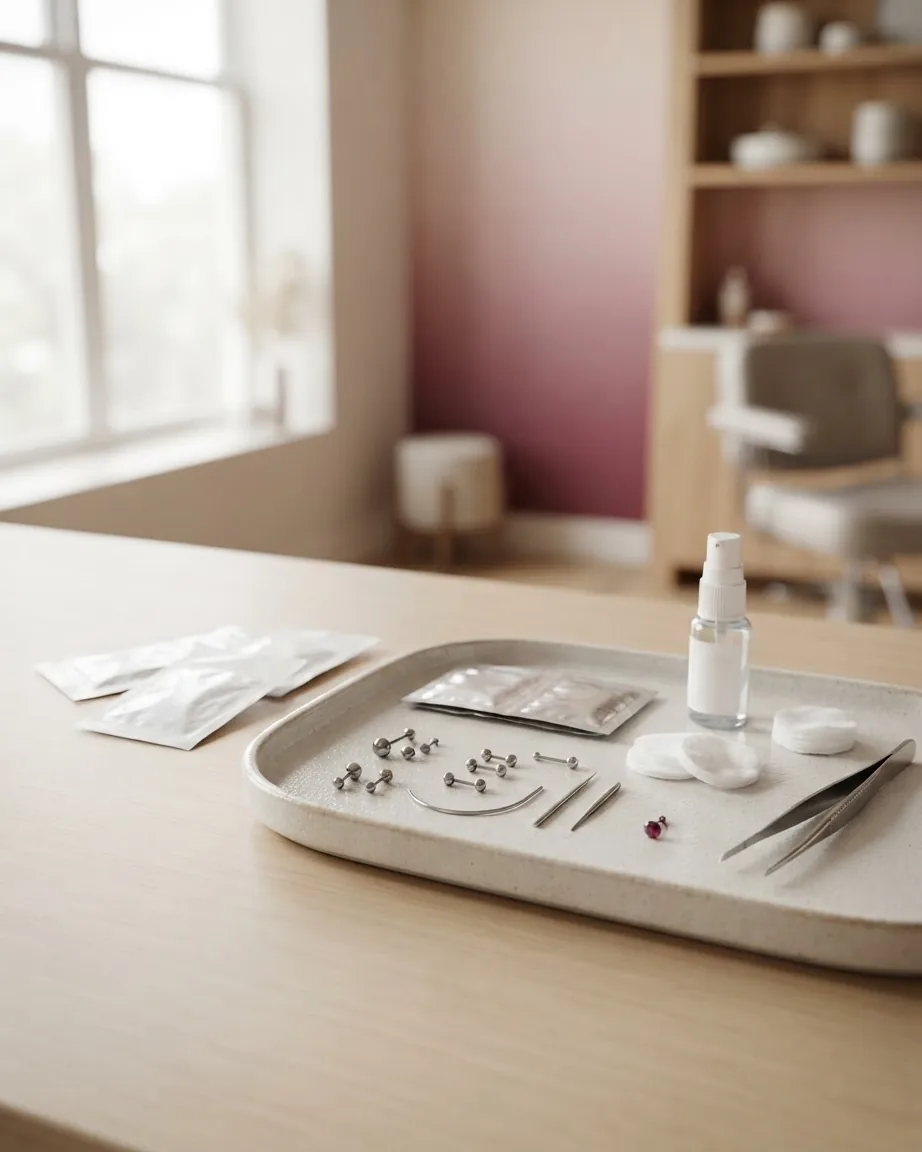 A ceramic tray holding metal piercing jewelry, tweezers, cotton pads and a spray bottle in a softly lit studio.