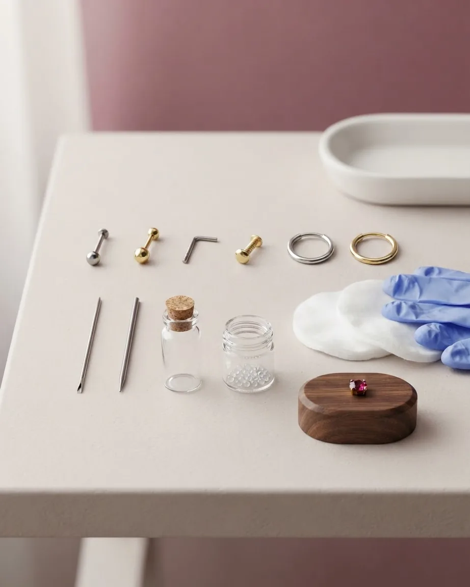 Various silver and gold nose piercing studs and hoops arranged with piercing tools, glass jars, cotton pads, and gloves.