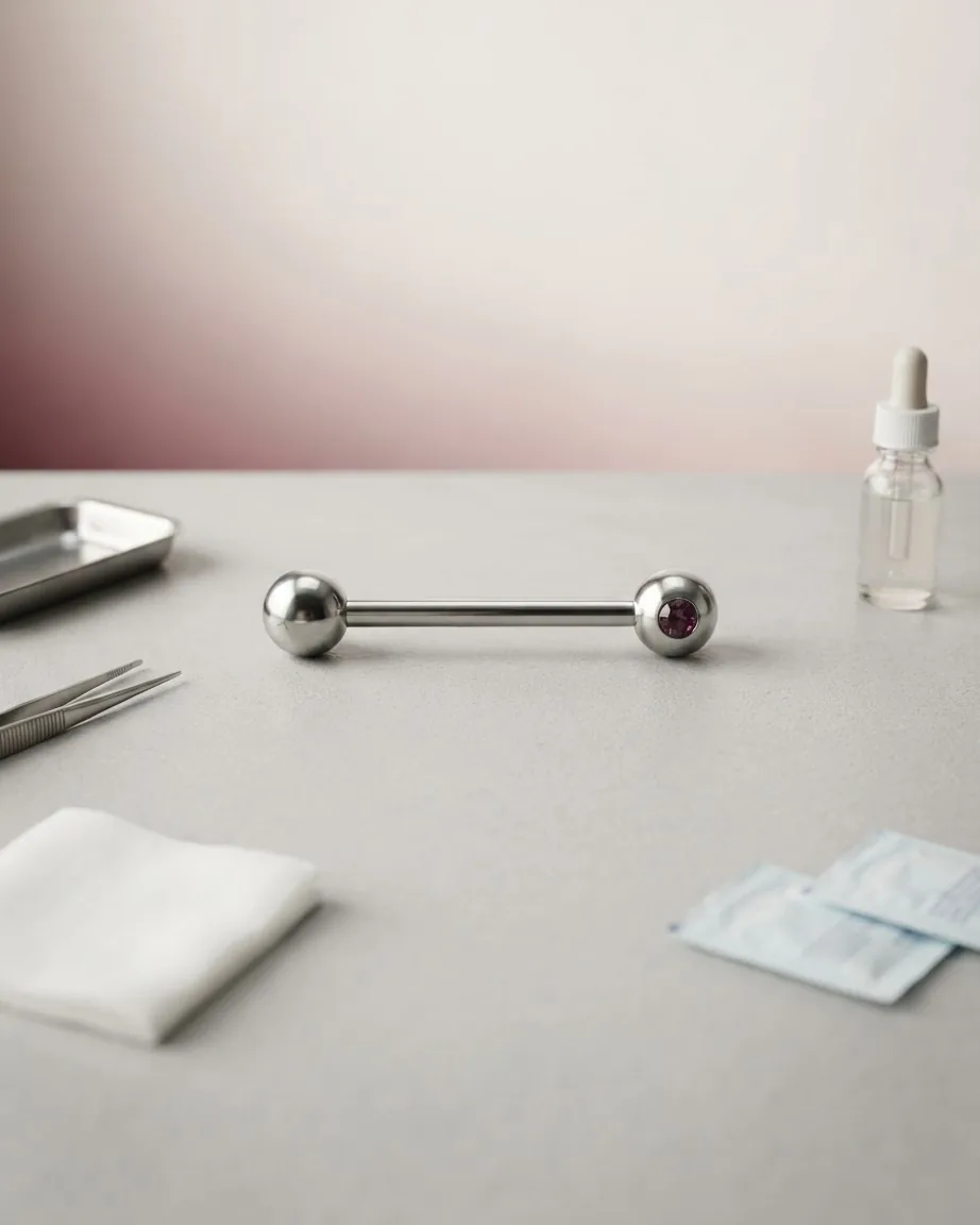 A silver industrial piercing barbell with a purple gem rests on a neutral surface among piercing tools and supplies.