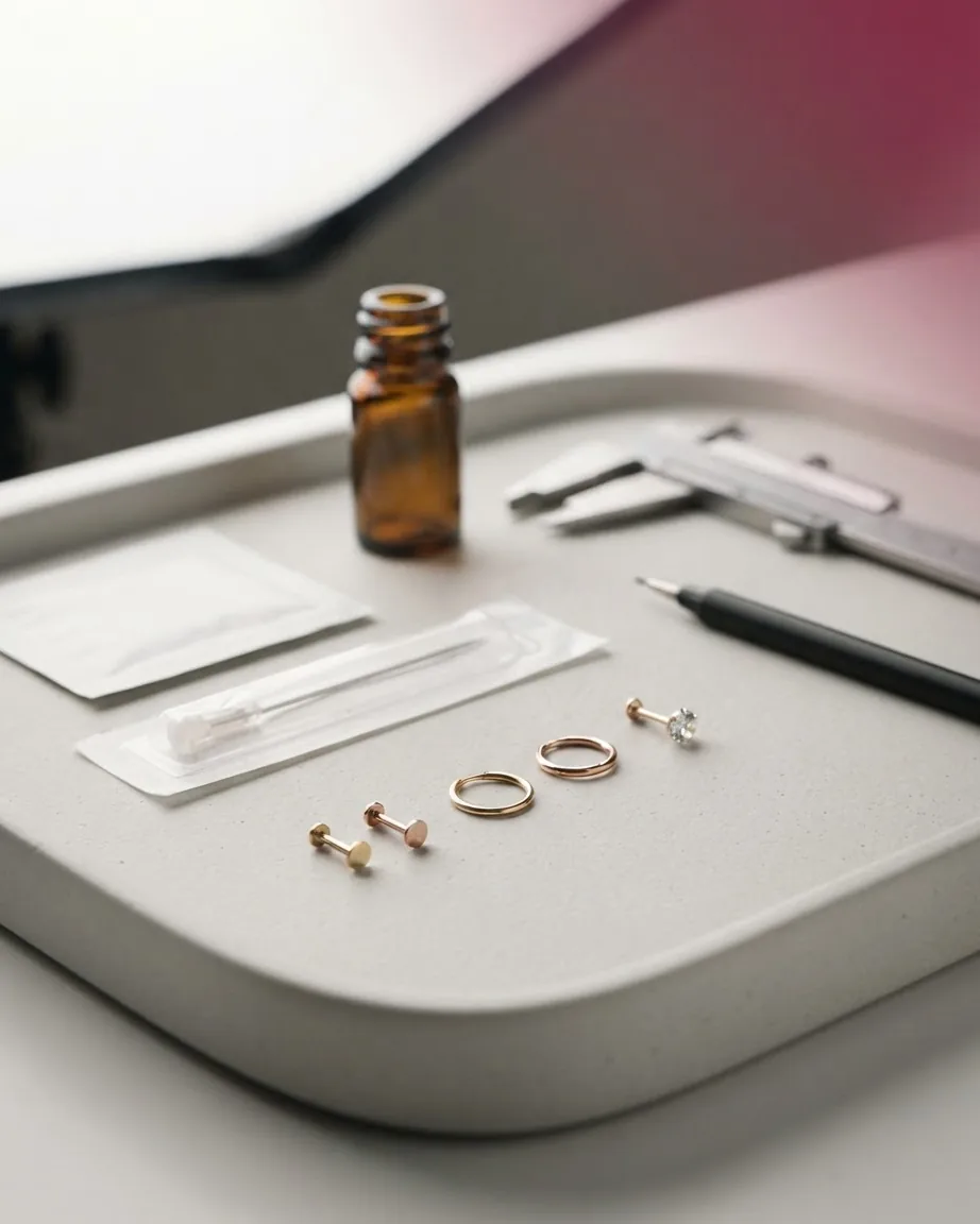 Small gold piercing studs and hoops arranged on a tray beside sterile needles, metal tools, and an amber bottle.