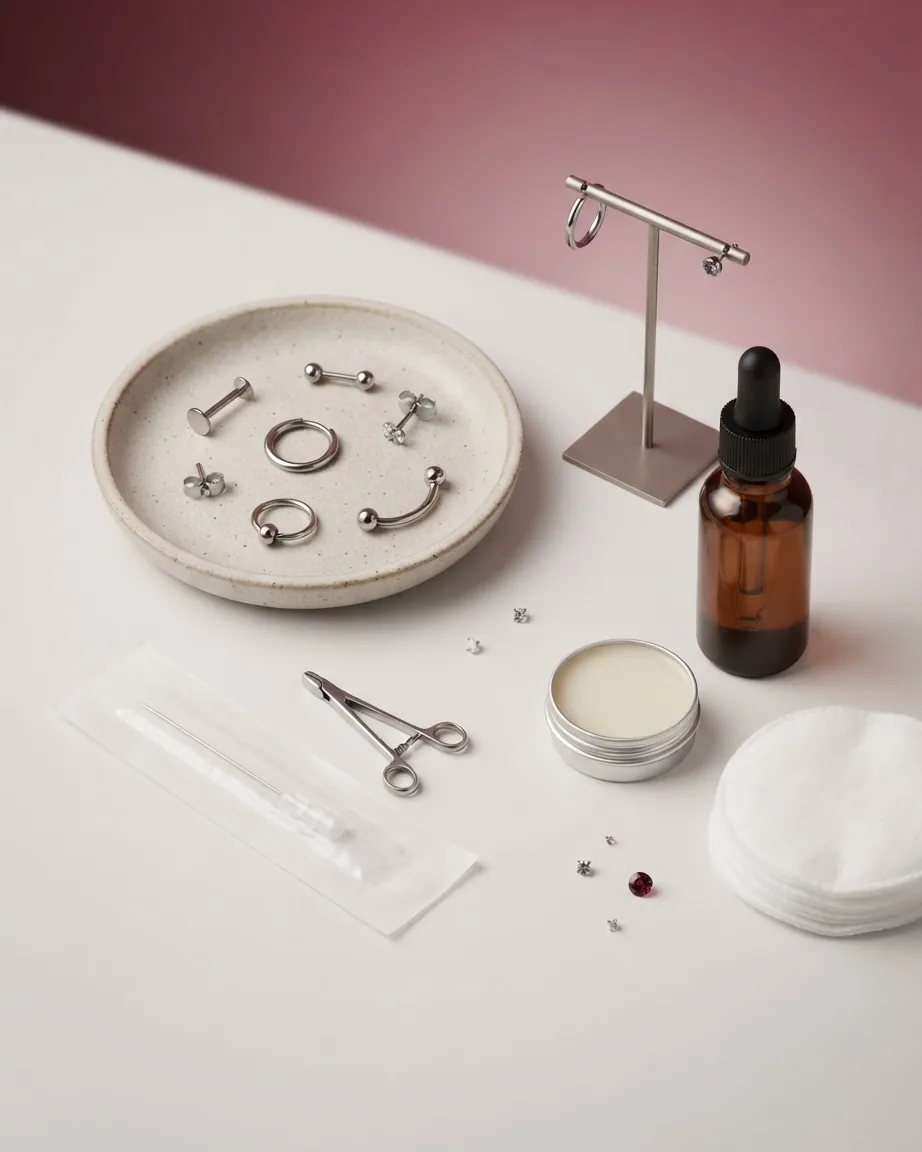 Silver piercing studs, hoops and curved barbells arranged beside jewelry tools and aftercare supplies on a white table.