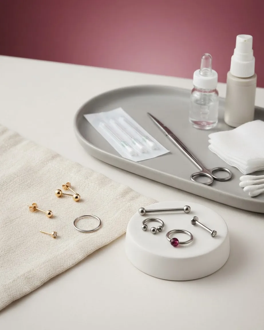 Gold and silver piercing jewelry arranged beside sterile needles, scissors, cotton swabs, and care bottles.