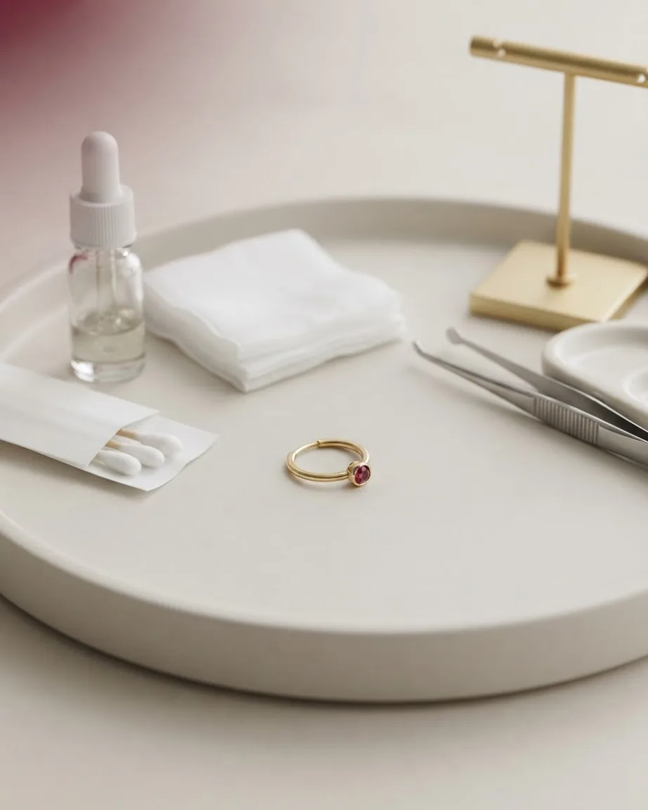 A small gold hoop with a pink gemstone rests on a white tray beside gauze, a dropper bottle, cotton swabs, and tweezers.
