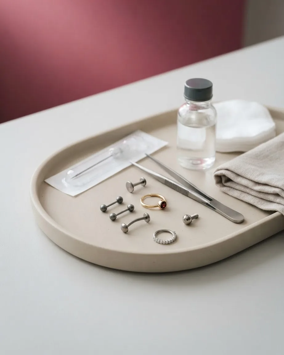 Metal piercing studs, curved barbells, and jeweled rings arranged on a tray with tweezers, a needle, and supplies.
