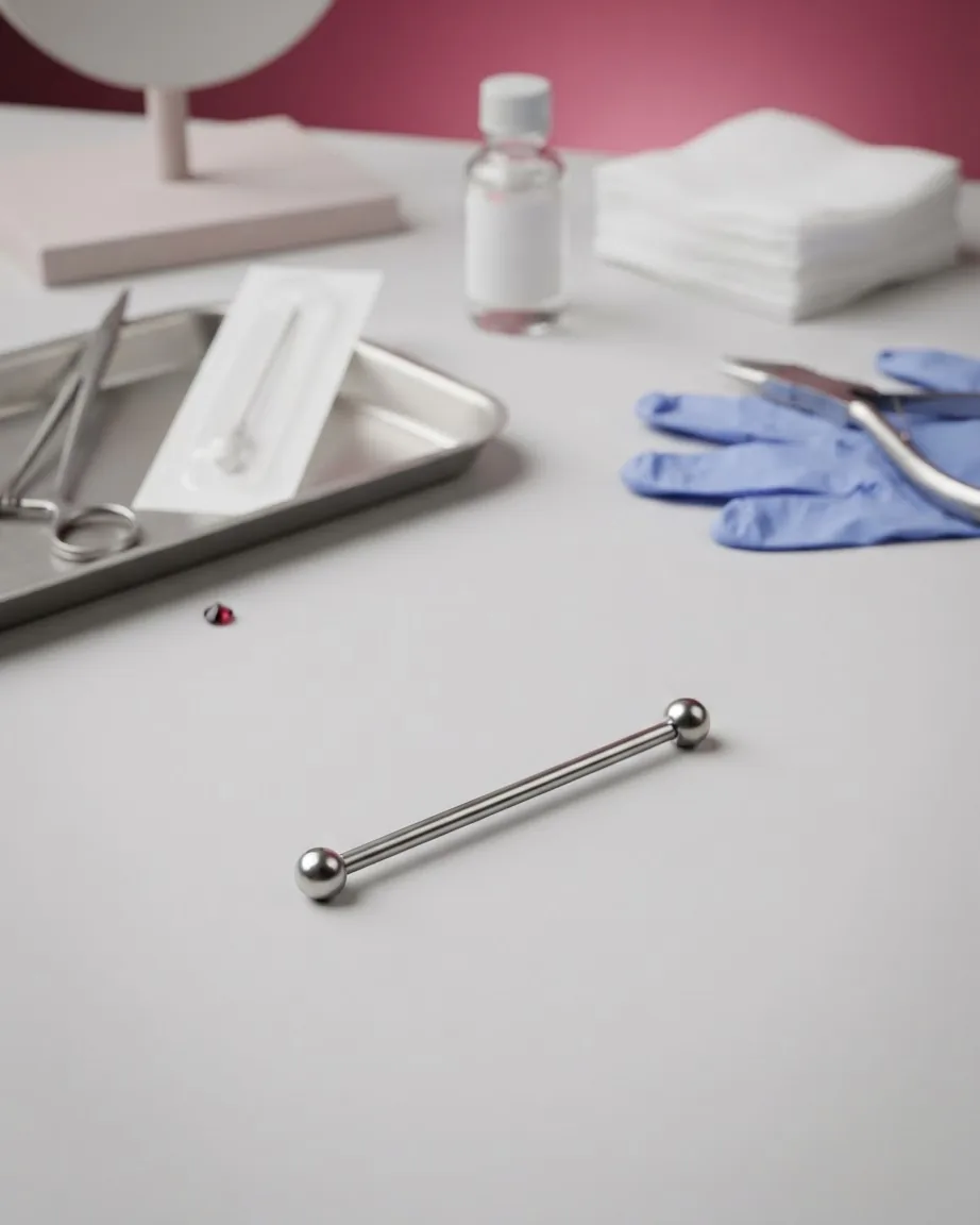 A straight silver barbell piercing rests on a white surface near surgical tools, blue gloves, and cotton pads.