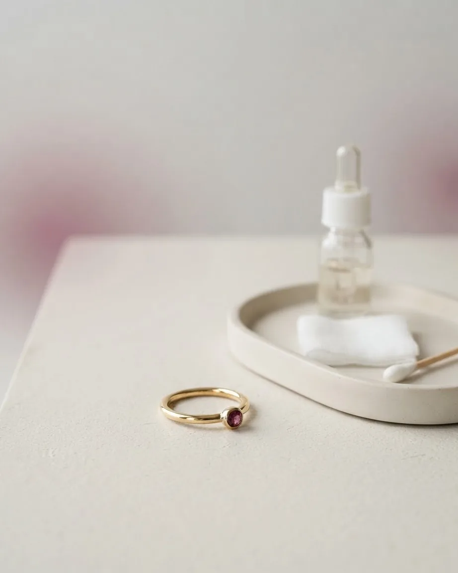 A small gold ring with a pink gemstone rests on a cream surface beside a tray holding a dropper bottle and cotton pads.