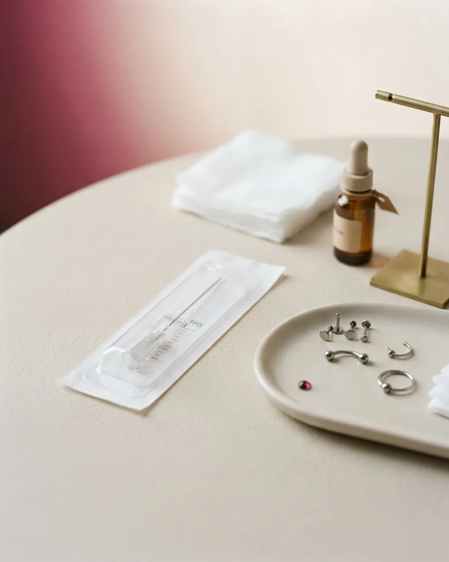 A packaged sterile needle lies on a cream table beside silver piercing jewelry, folded gauze, and an amber dropper bottle.