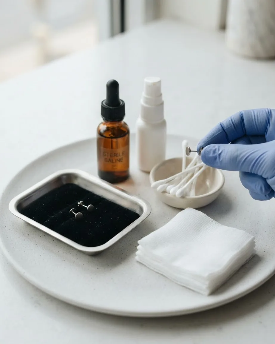 A blue-gloved hand holds a piercing stud beside saline bottles, cotton swabs, gauze pads, and metal jewelry.
