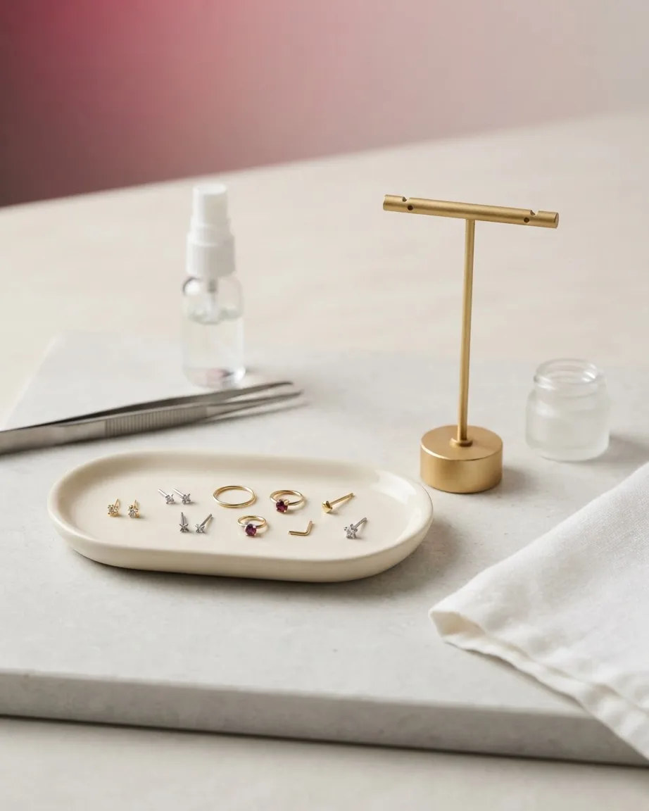 Assorted nose studs, hoops, and gemstone jewelry on a cream tray beside tweezers, a spray bottle, and a gold stand.