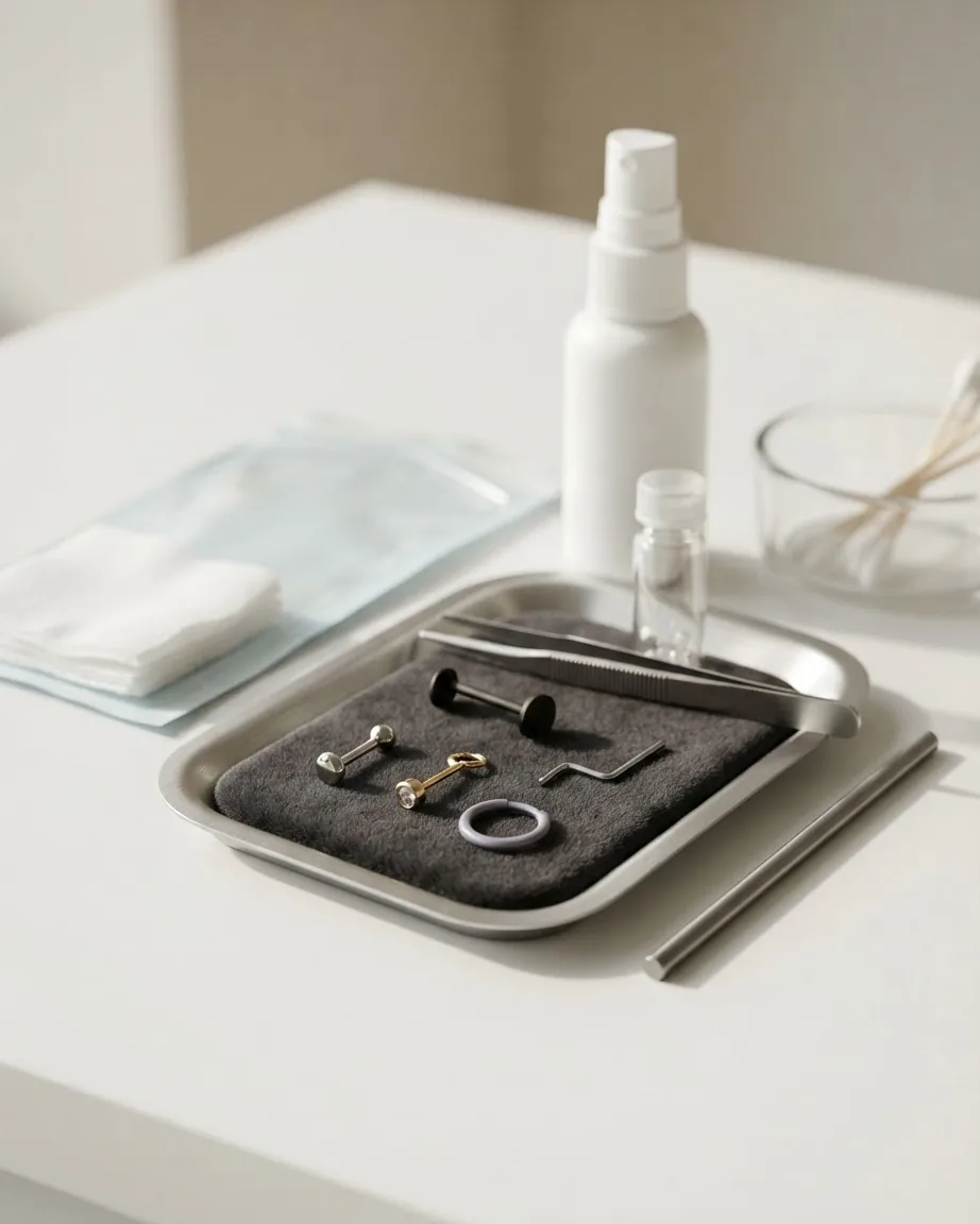 Assorted metal piercing studs, a hoop, and tools rest on a lined tray beside a white spray bottle.