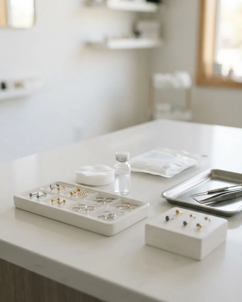 Small gold and silver piercing studs and hoops arranged in white trays beside a vial and metal tools.
