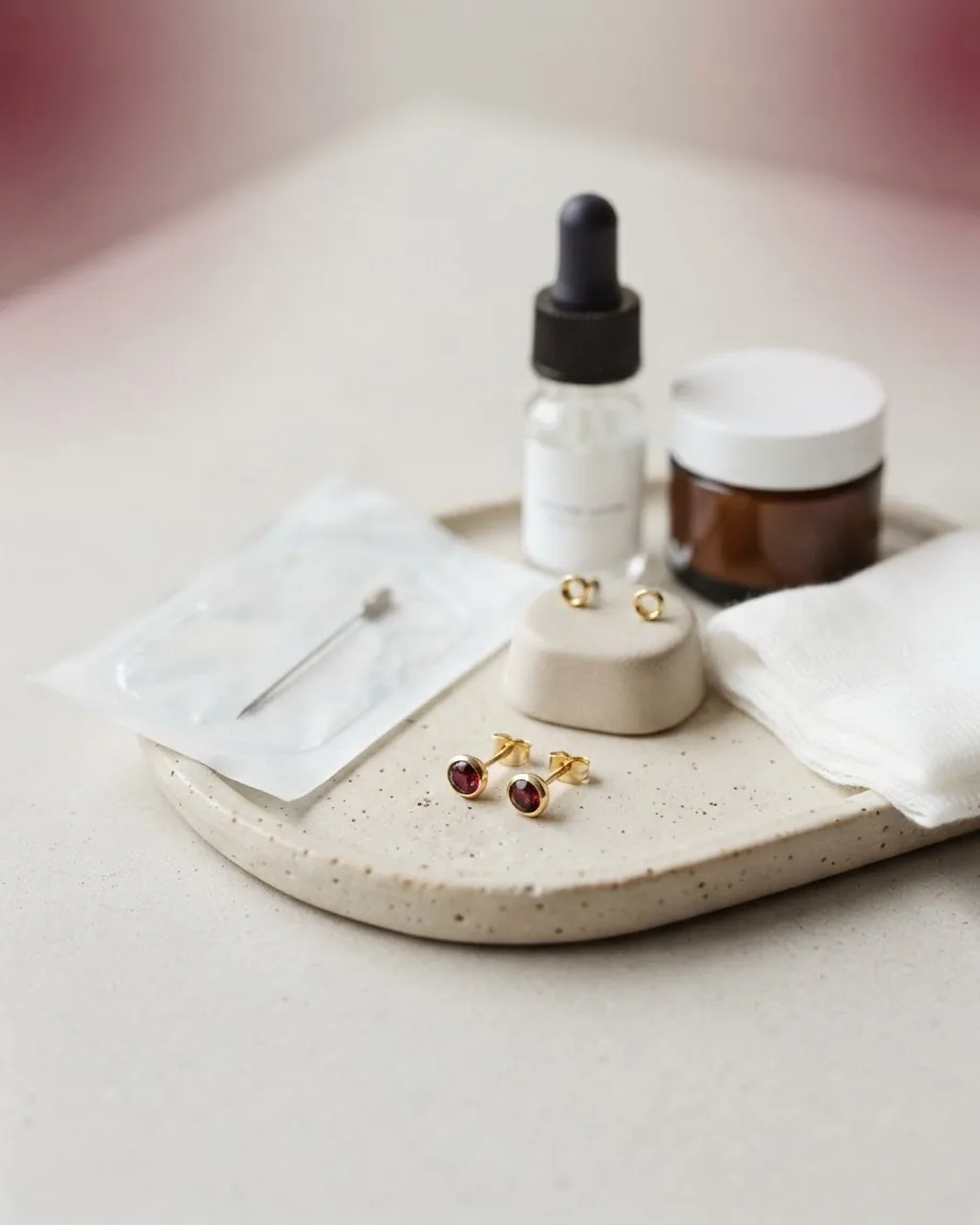 Gold stud earrings and piercing supplies arranged on a speckled ceramic tray beside skincare bottles and white gauze.