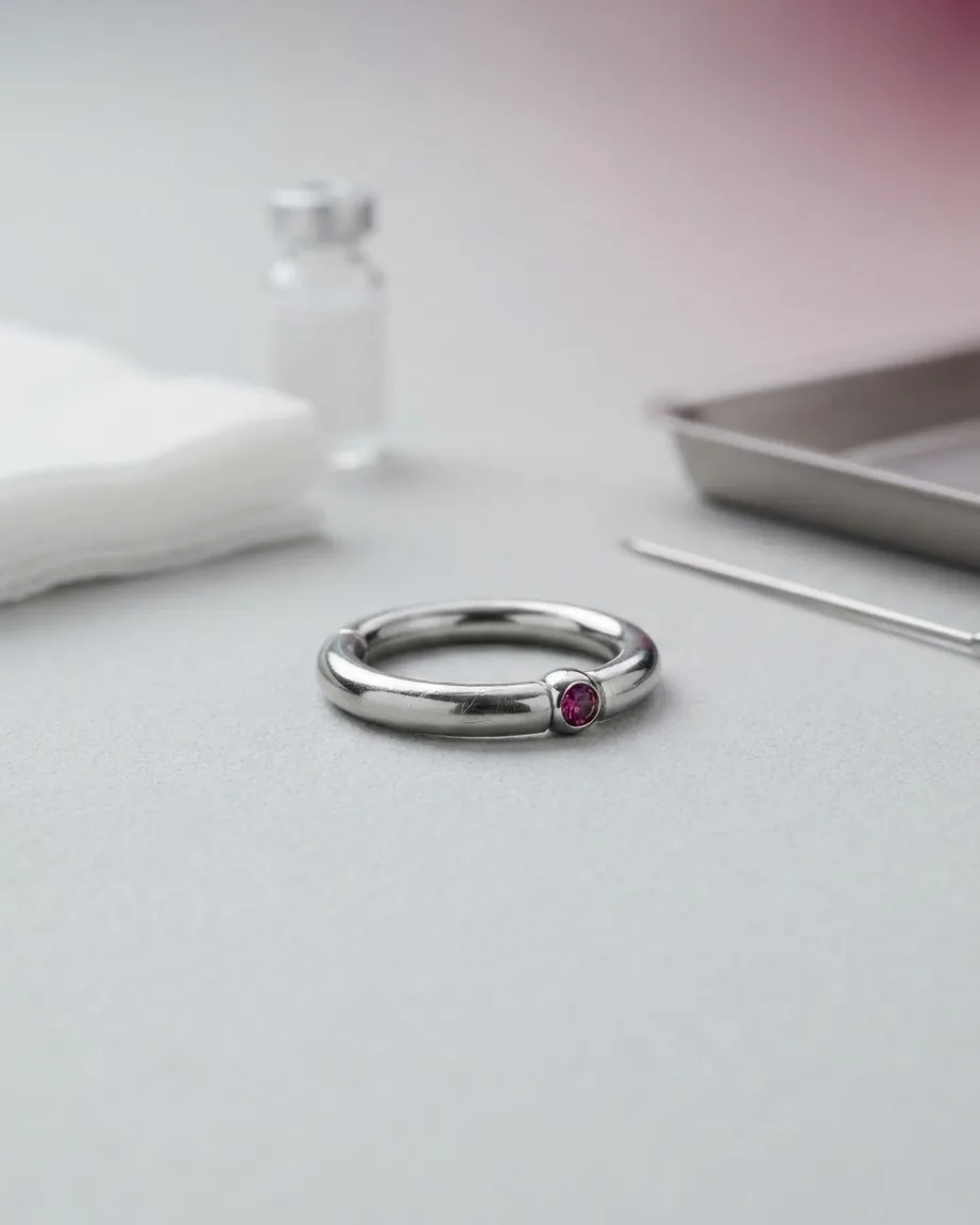 A silver circular piercing ring with a small purple gemstone rests on a clean surface beside blurred medical supplies.