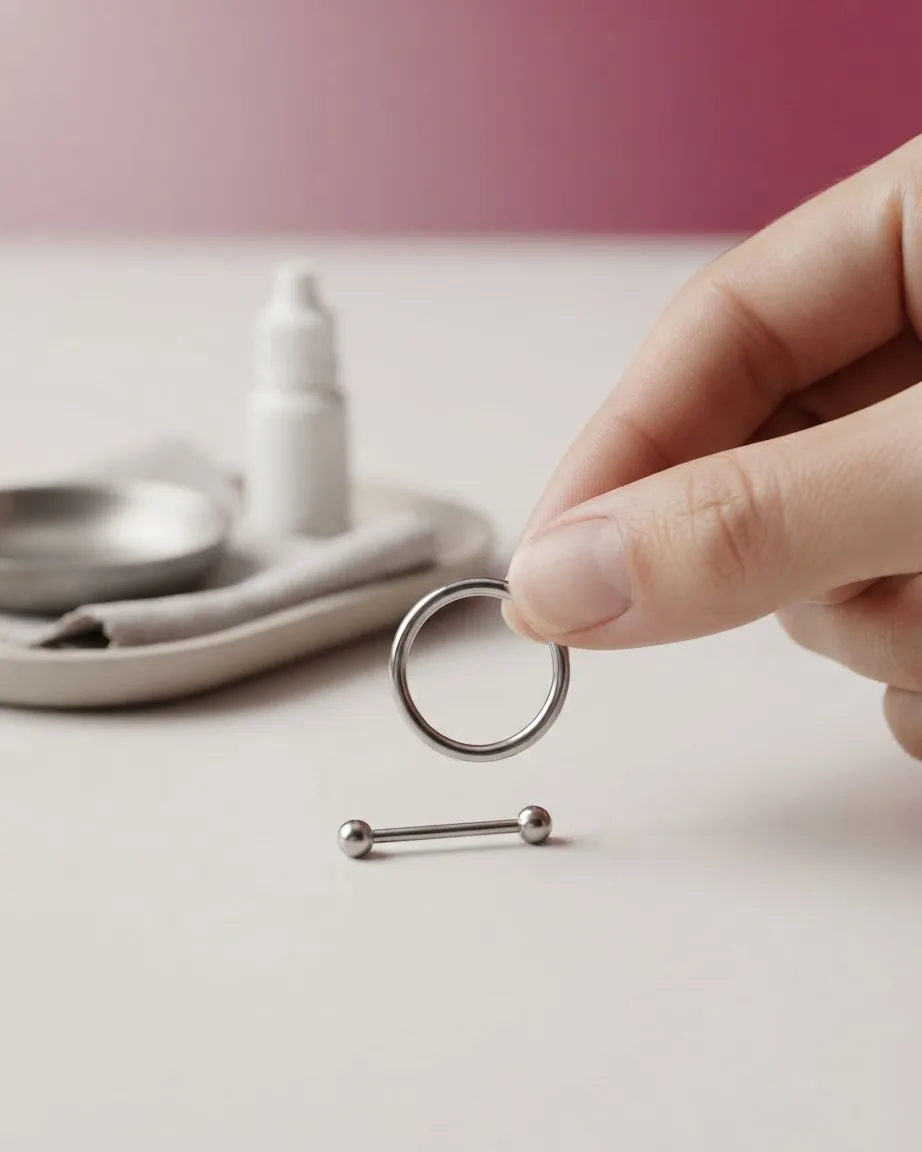 A hand holds a silver circular hoop above a straight barbell piercing on a clean surface, with a tray in the background.