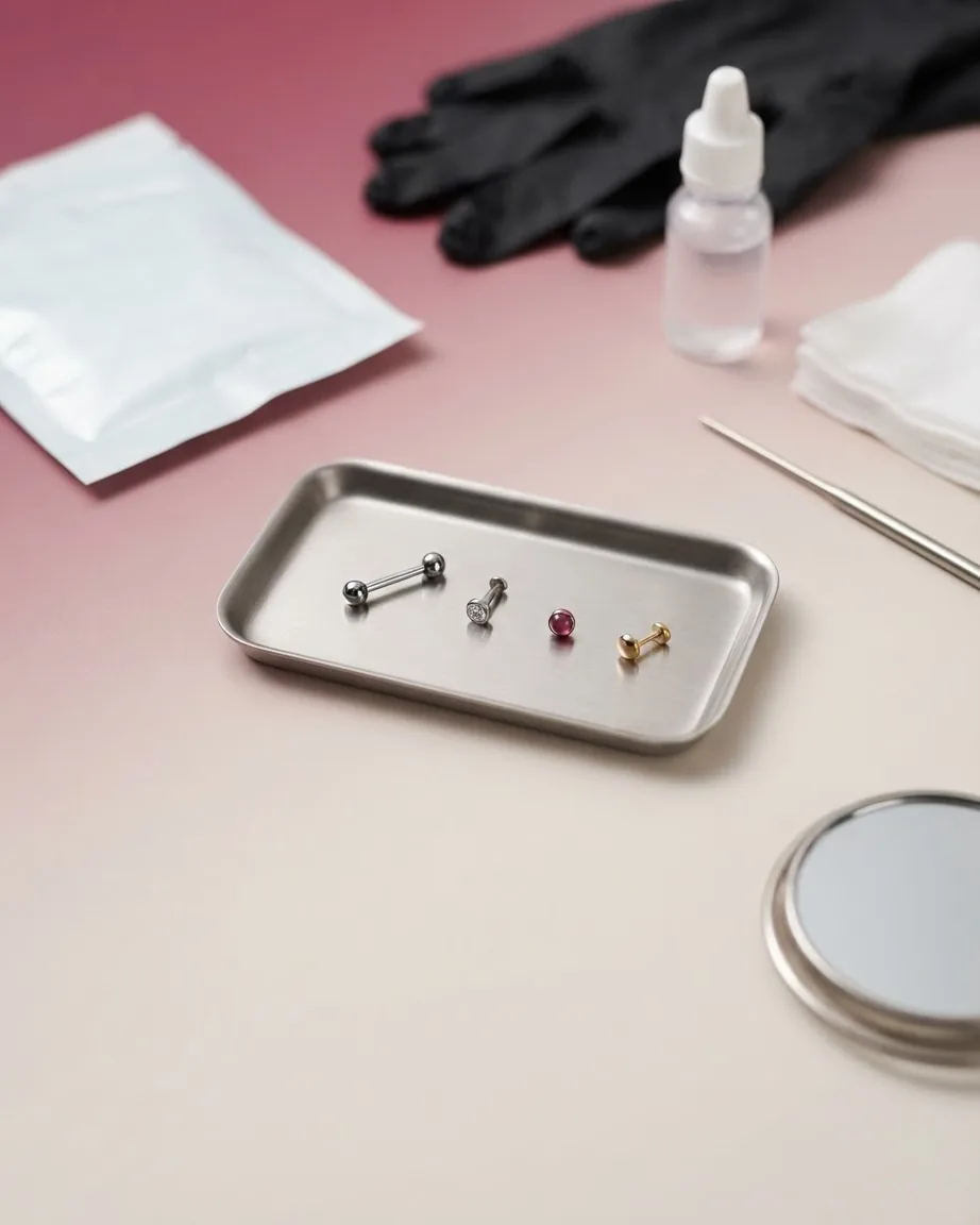 Piercing jewelry on a metal tray beside black gloves, a dropper bottle, sterile packets, and gauze.