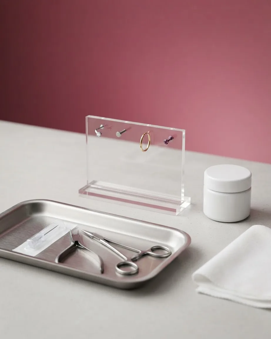 Piercing jewelry displayed on a clear acrylic stand beside metal tools, a white jar, and a folded cloth.