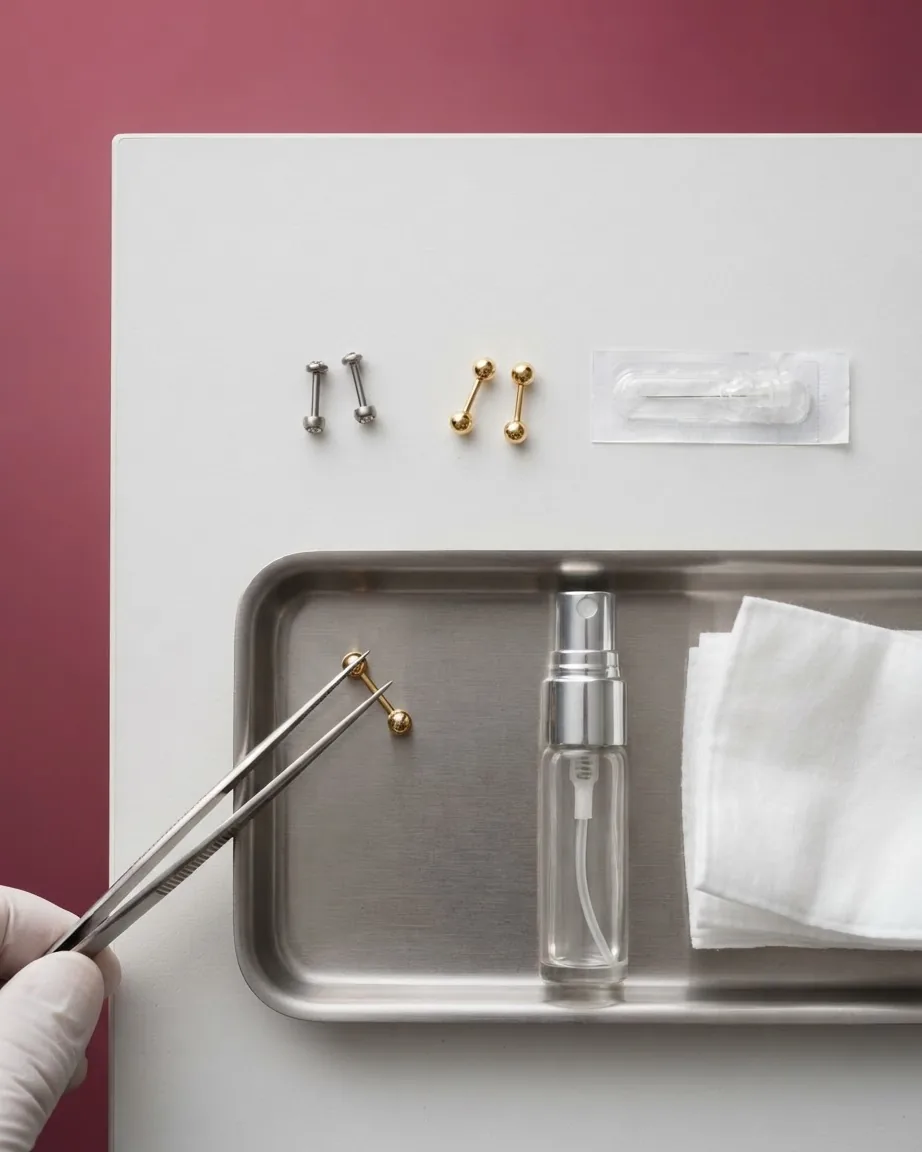 Gloved hand holding tweezers beside silver and gold barbell jewelry, a spray bottle, and gauze on a metal tray.