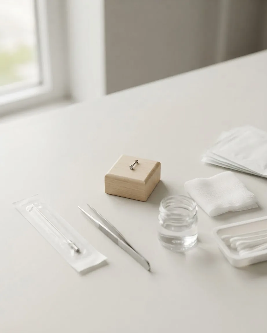 A small silver piercing stud rests on a wooden block beside tweezers, gauze, and a glass jar on a white surface.