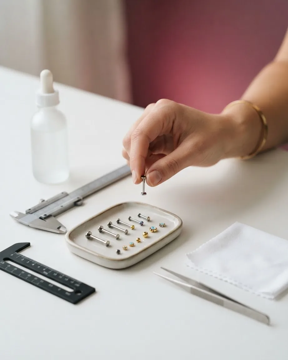 A hand holds a small flat-back piercing post above a tray of jewelry beside calipers, tweezers, and a dropper bottle.